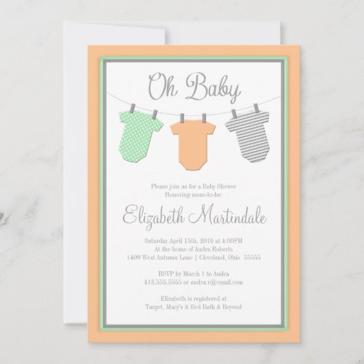 物干しピーチミントベビーガールシャワー招待状 招待状 (正面)