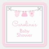 物干しベビーガールシャワーピンクグレーシェブロン スクエアシール (正面)