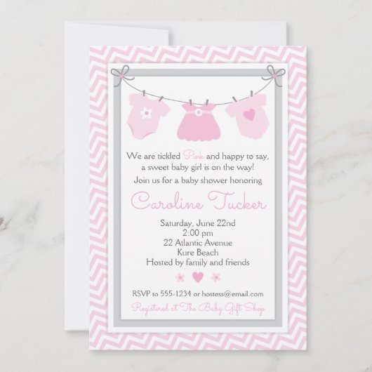 物干しベビーシャワー招待状ピンクとグレー 招待状 (正面)