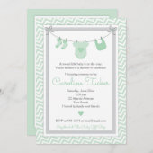 物干しベビーシャワー招待状緑と灰色 招待状 (正面/裏面)