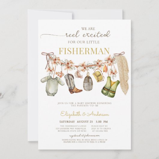 物干しリール魚釣り素朴フローラベビーシャワー 招待状 (正面)