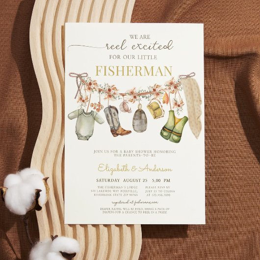 物干しリール魚釣り素朴フローラベビーシャワー 招待状