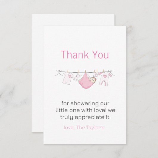 物干し可愛い女の子ベビースシャワーありがとう サンキューカード (正面/裏面)