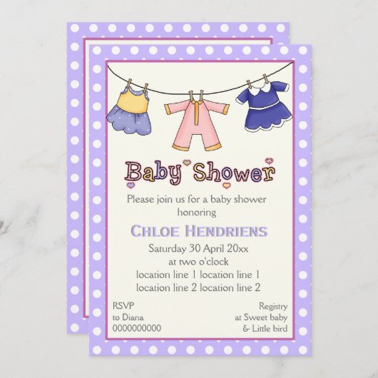 物干し女の子シャワーパーソナライズされた 招待状 (正面/裏面)