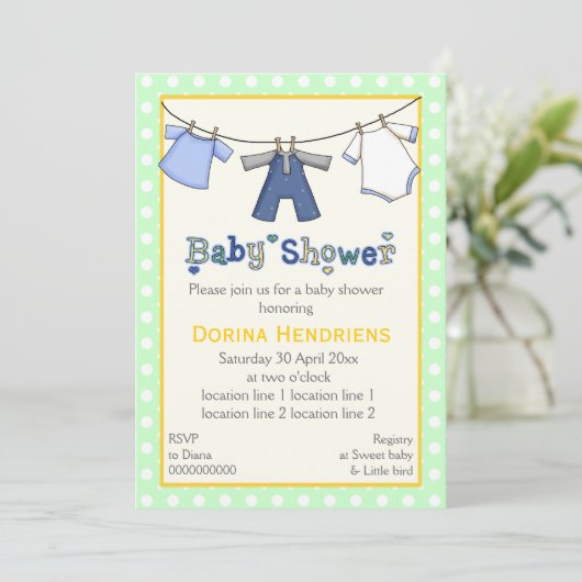 物干し男の赤ちゃんシャワーパーソナライズされた 招待状 (スタンド正面)