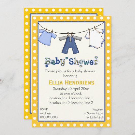 物干し男の赤ちゃんシャワーパーソナライズされた 招待状 (正面/裏面)