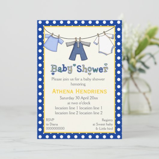 物干し男の赤ちゃんシャワーパーソナライズされた 招待状 (スタンド正面)