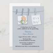 物干し、青、男の赤ちゃんシャワー 招待状 (正面/裏面)