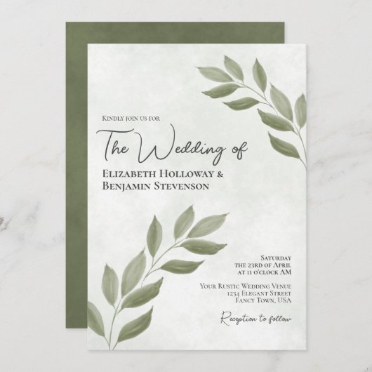 物思いに葉ふけるモダンエレガントセージ・グリーン結婚ズ 招待状 (正面/裏面)