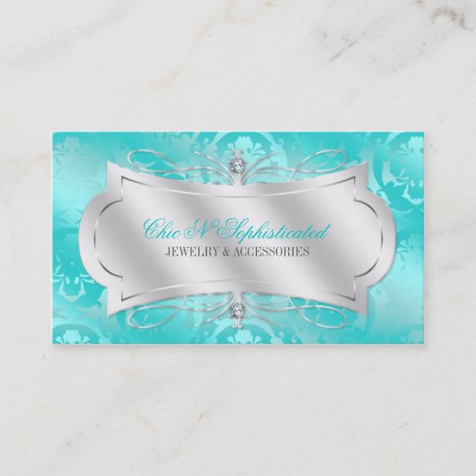 物惜しみしないティール（緑がかった色）のダイヤモンドのダマスク織の渦巻 名刺 (正面)