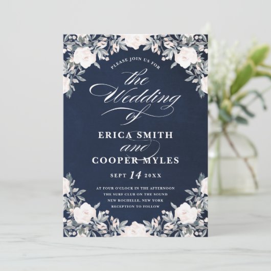 物惜しみしなくクラシックな花模様の結婚する暗い濃紺| 招待状 (スタンド正面)