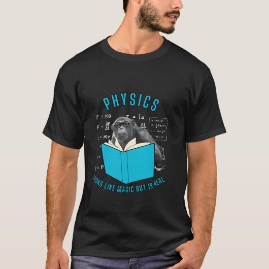 物理おもしろい猿とファンーを持つ物理学者モチーフ Tシャツ (正面)