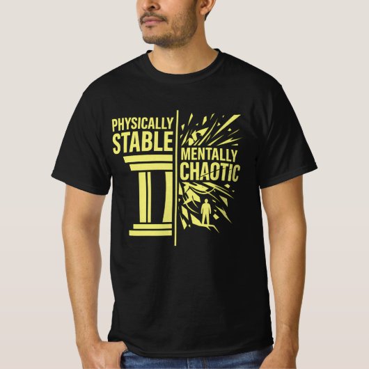 物理的には安定、精神的にはカオスな二面性デザイン Tシャツ (正面)