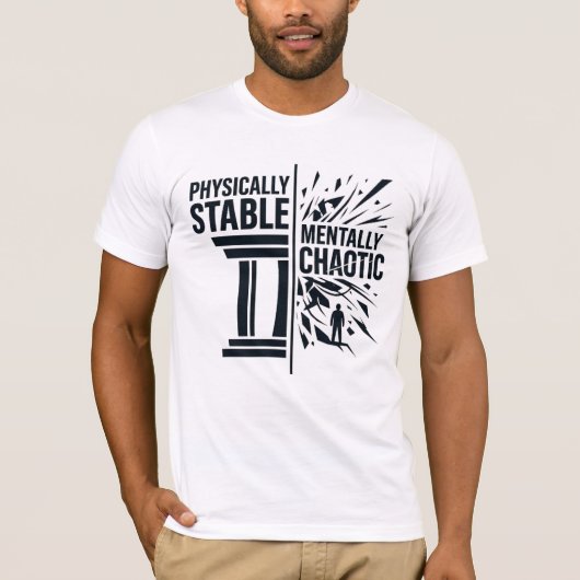 物理的には安定、精神的にはカオスな二面性デザイン Tシャツ (正面)