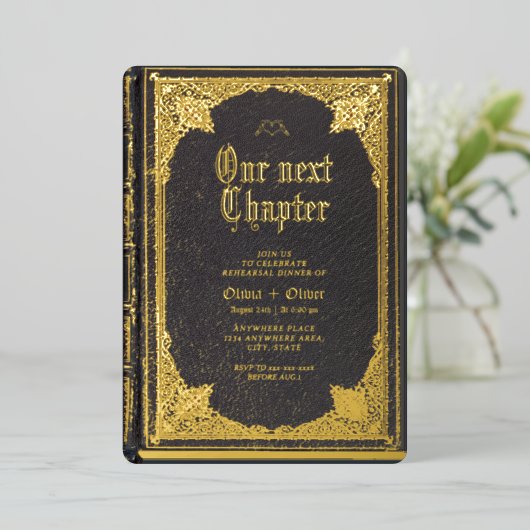 物語おとぎ話の図書館の本のリハーサルディナー 箔招待状 (立ち正面)