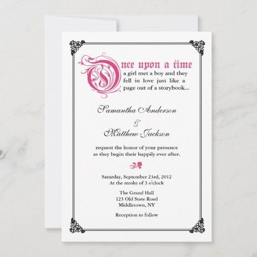 物語の本のおとぎ話の結婚式招待状-ピンクか黒 招待状 (正面)