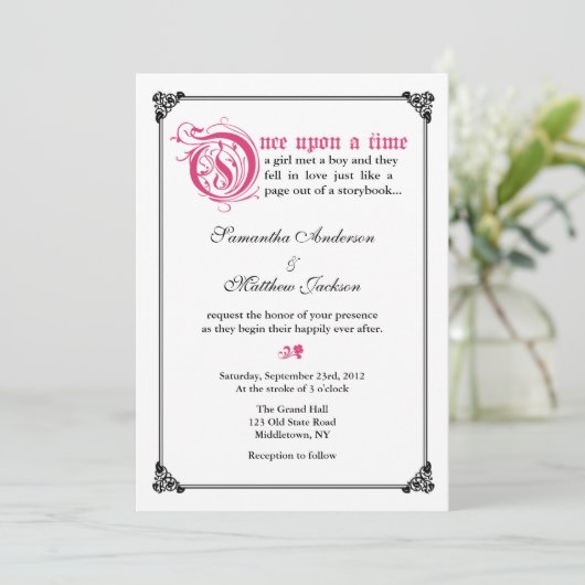 物語の本のおとぎ話の結婚式招待状-ピンクか黒 招待状 (スタンド正面)