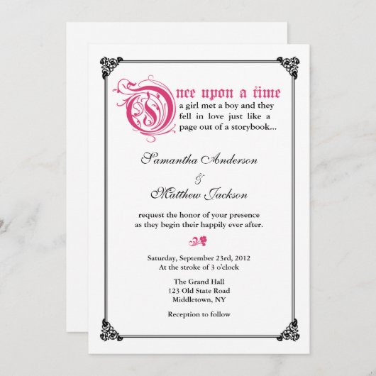 物語の本のおとぎ話の結婚式招待状-ピンクか黒 招待状 (正面/裏面)
