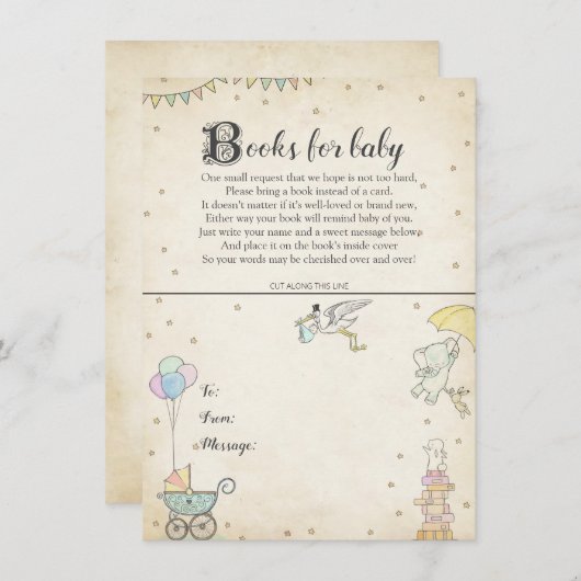 物語の本のベビーシャワーのエクスリブリスカード 招待状 (正面/裏面)
