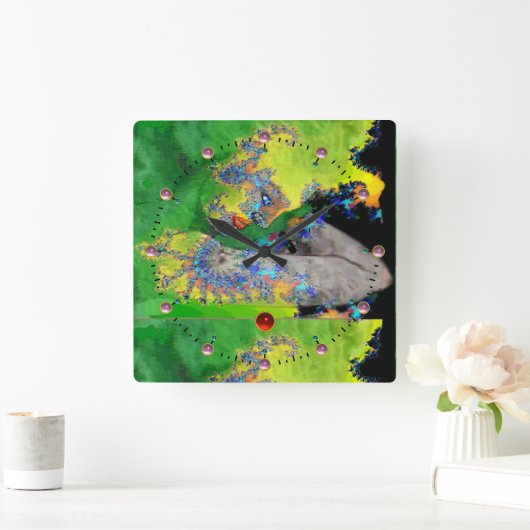 物質の振動，緑の黄色のフラクタルの女性 スクエア壁時計 (ホーム)