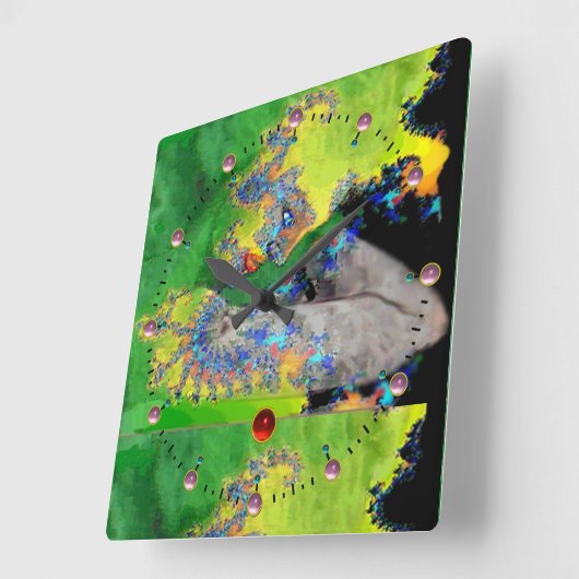 物質の振動，緑の黄色のフラクタルの女性 スクエア壁時計 (傾斜)