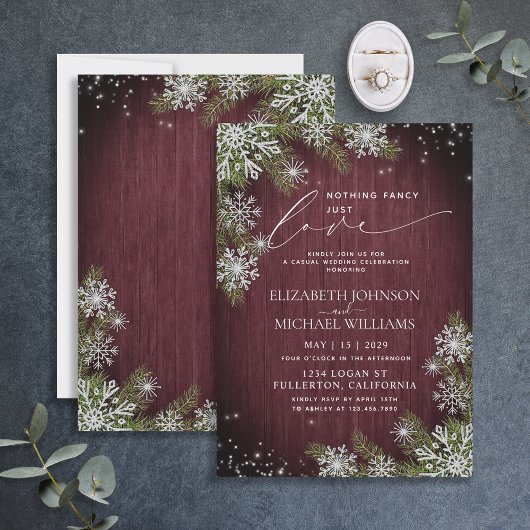 特に凝ったものではないただ愛するワインレッドの木のカジュアル 招待状