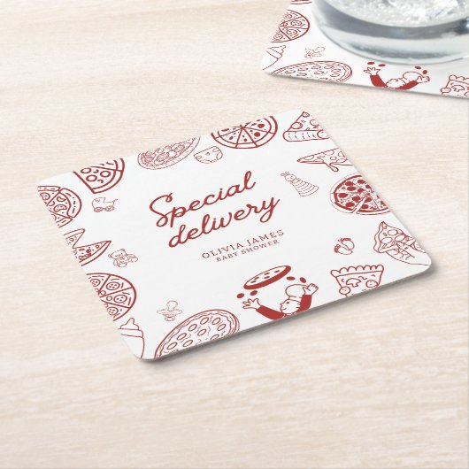 特別おもしろい配送ピザベビーシャワー スクエアペーパーコースター (アングル)