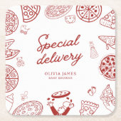 特別おもしろい配送ピザベビーシャワー スクエアペーパーコースター (正面)