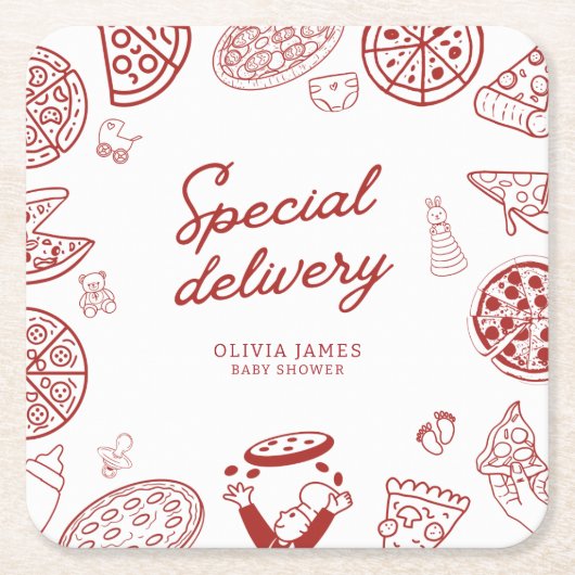 特別おもしろい配送ピザベビーシャワー スクエアペーパーコースター (正面)