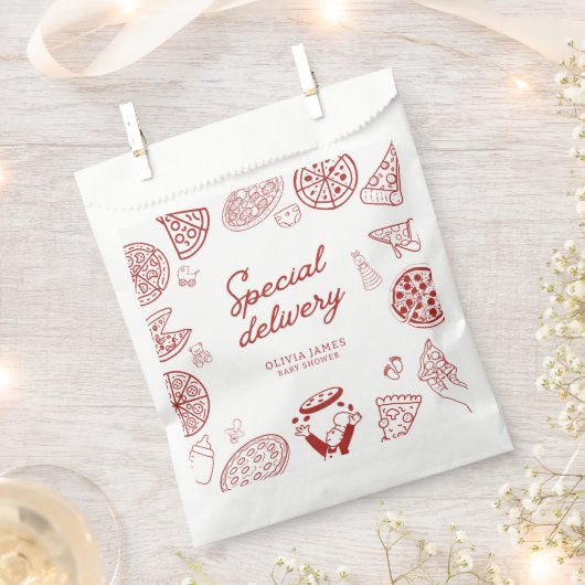 特別おもしろい配送ピザベビーシャワー フェイバーバッグ (クリップ留めされた状態)