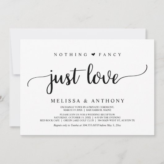 特別なものは何もない、ただ愛を祝う。秘密の結婚式、自然なスタイルのウェディング。 招待状 (正面)