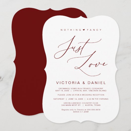 特別なものは何もない、ただ愛を。バーガンディ、結婚式の秘密の誓い 招待状 (正面/裏面)