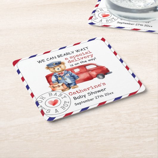 特別なデリバリーの赤ちゃんシャワーを待つことができる スクエアペーパーコースター (アングル)