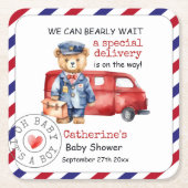 特別なデリバリーの赤ちゃんシャワーを待つことができる スクエアペーパーコースター (正面)