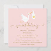 特別なデリバリーストークピンク赤ちゃんシャワー散水 招待状 (正面)