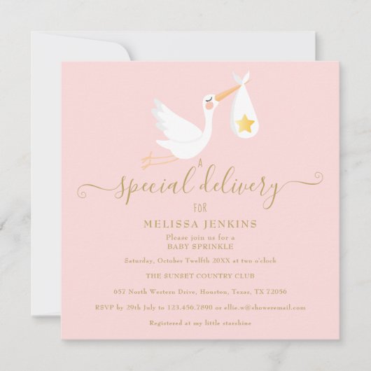 特別なデリバリーストークピンク赤ちゃんシャワー散水 招待状 (正面)