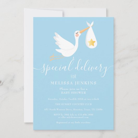 特別なデリバリーストーク星の赤ちゃんシャワー散水 招待状 (正面)