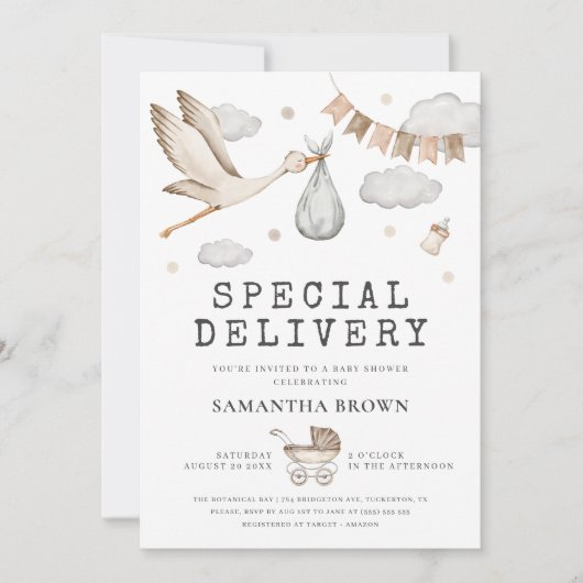 特別なデリバリーストーク赤ちゃんシャワー 招待状 (正面)