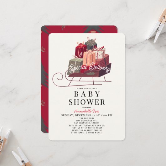 特別なデリバリースリーギフトホリデーベビーシャワー 招待状 (正面/裏面インサイチュ)