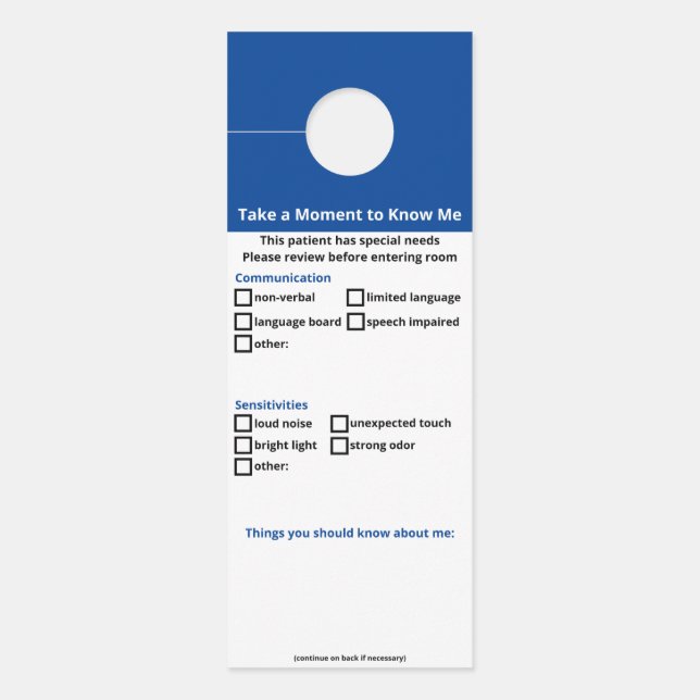 特別なニーズ患者 – ロゴバージョンなし ドアノブサイン (正面)