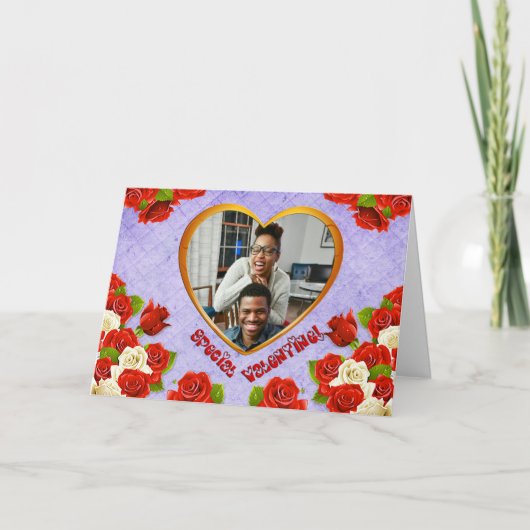 特別なバレンタインバラ金ゴールドハートあなたの写真を追加 シーズンカード (正面)