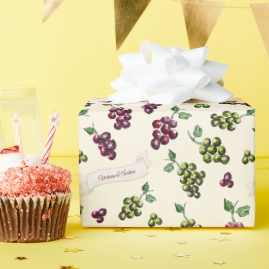 特別なワインブドウ ユニークな水彩画 エレガントで個性的 ラッピングペーパー (誕生日パーティー)