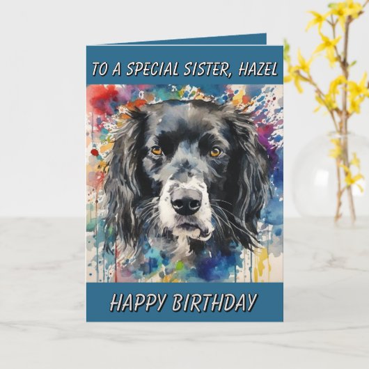 特別な姉妹パーソナライズされた誕生日カードの犬の写真 カード (黄色い花)