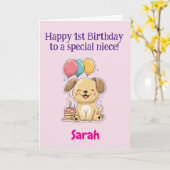 特別な姪への1歳の誕生日おめでとう、かわいい子犬 カード (黄色い花)
