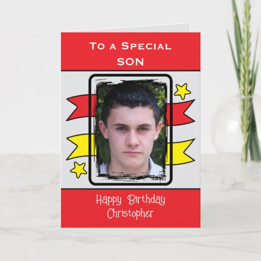 特別な息子の赤い黄色の写真の誕生日 カード (正面)