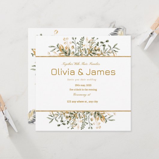 特別な日のためのゴールドグリーンラグジュアリー 招待状 (正面/裏面インサイチュ)