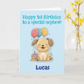 特別な甥っ子へ、1歳の誕生日おめでとう、パピー カード (黄色い花)