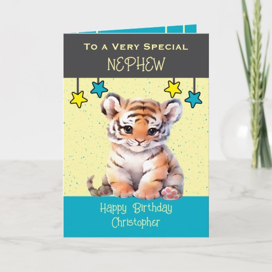 特別な甥のタイガーキッズ灰色の誕生日カード カード (正面)