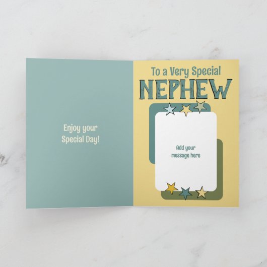特別な甥の緑の黄色の写真の誕生日 カード (内部)