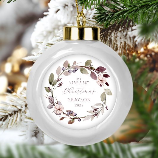 特別な赤ちゃんの初めてのクリスマス 紫のリース セラミックボールオーナメント